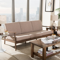 Baxton Studio Venza-Brown/Walnut Brown-SF Venza Mid-Century Modern Walnut Wood Light Brown Fabric Upholstered 3-Seater Sofa